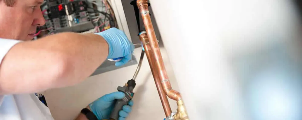 Water heater repair technician testing copper pipe connections and controls in Harrisburg, PA